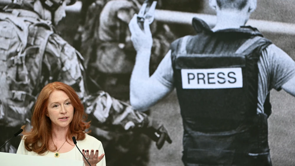 British journalist and the CEO of the Committee to Protect Journalists Jodie Ginsberg delivers a speech at the Roosevelt Foundation's International Four Freedoms Awards ceremony in the Netherlands on April 16, 2026. Photo by Nicolas Tucat/AFP/Getty Images.