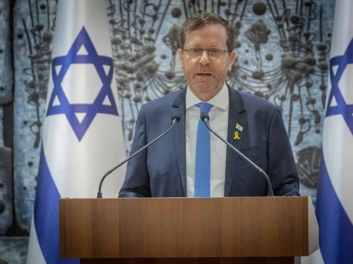 Israeli President Isaac Herzog attends the swearing-in ceremony for 35 judges at his official residence in Jerusalem on April 10, 2025. Photo by Chaim Goldberg/Flash90.