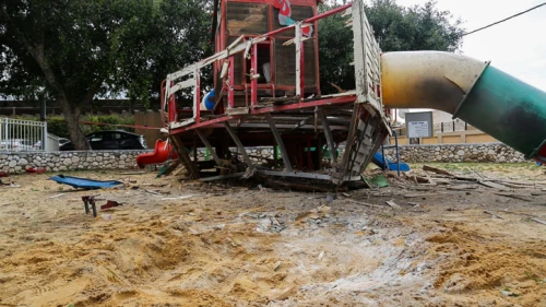 Damage from a rocket strike can be seen in this playground in the Southern Israeli city of Sderot, Feb. 24, 2020. Photo by Flash90.