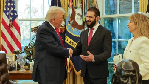 U.S. President Donald Trump welcomes Syrian President Ahmed al-Sharaa to the White House in Washington on Nov. 10, 2025. Source: @SyPresidency/X.