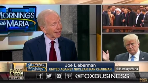 UANI Chairman Joe Liberman speaks on Fox News' "Mornings with Maria" program, Aug. 22, 2018. Credit: UANI.
