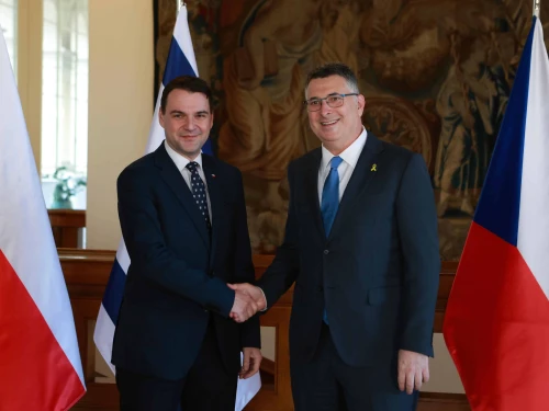 Israeli Foreign Minister Gideon Sa'ar meets in Prague with the Czech Deputy Prime Minister and Foreign Minister Petr Macinka, Jan. 20, 2026. Credit: MfA/Shalev Man.
