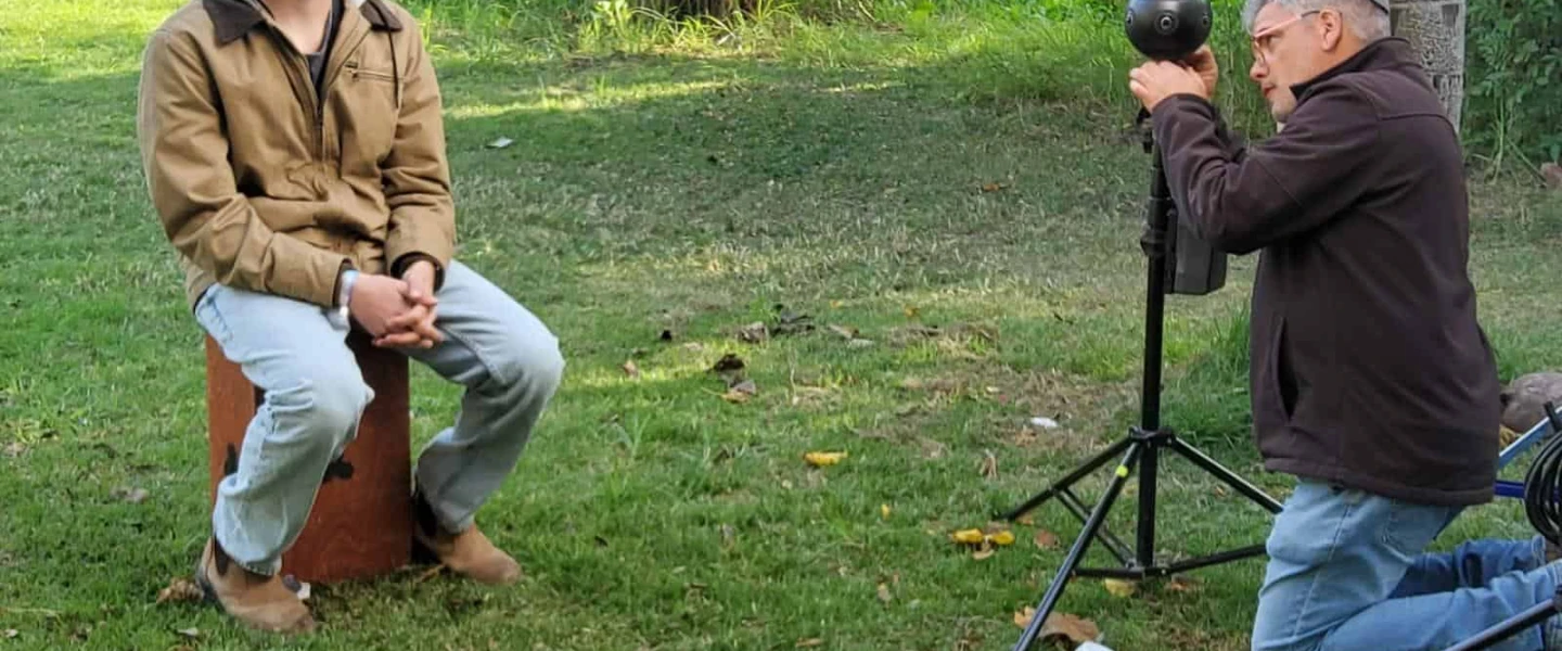 Released hostage Ofir Engel being filmed at Kibbutz Be'eri for the Survived to Tell-Be the Witness VR project, January 2024. Credit: Survived to Tell-Be the Witness.