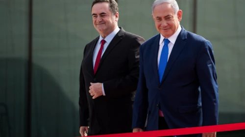Then-Israeli Finance Minister Israel Katz and Prime Minister Benjamin Netanyahu at the opening ceremony for Ramon Airport near Eilat, Jan. 21, 2019. Photo by Yonatan Sindel/Flash90.