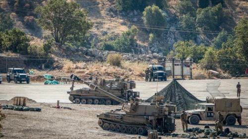 Israeli soldiers with their artillery unit seen near the Israeli-Syrian border in the Golan Heights on Aug. 25, 2019. Photo by Basel Awidat/Flash90.