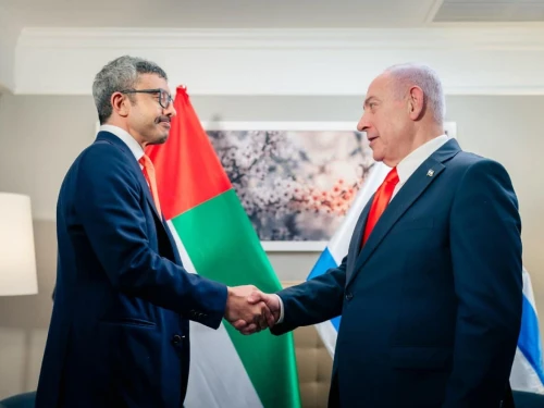 Israeli Prime Minister Benjamin Netanyahu meets with United Arab Emirates Foreign Minister Sheikh Abdullah bin Zayed Al Nahyan in New York, Sept. 26, 2025. Credit: UAE Foreign Ministry.