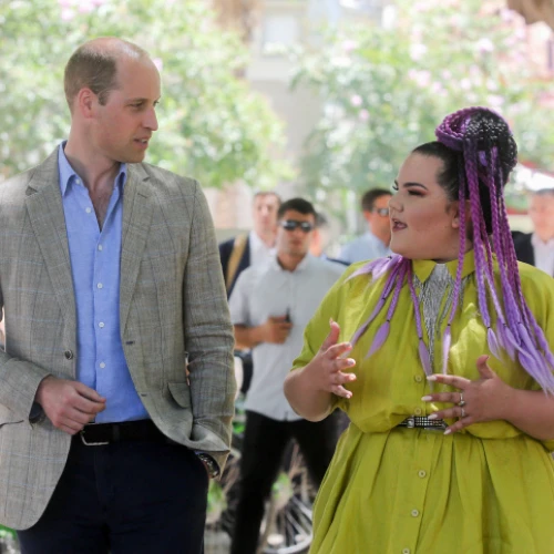 Prince William, Duke of Cambridge walks with Eurovision Song Contest 2018 winner Netta Barzilai on Rothschild Boulevard in Tel Aviv on June 27, 2018. Photo by Marc Israel Sellem/POOL.