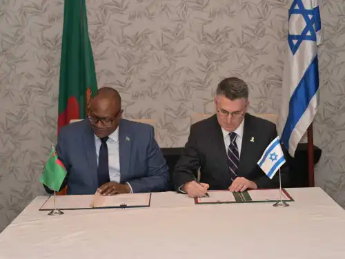 Mulambo Haimbe and Gideon Sa'ar, right, attend the reopening ceremony of Israel's embassy in Lusaka, Zambia on Aug. 20, 2025. Photo courtesy of the Ministry of Foreign Affairs of the State of Israel.