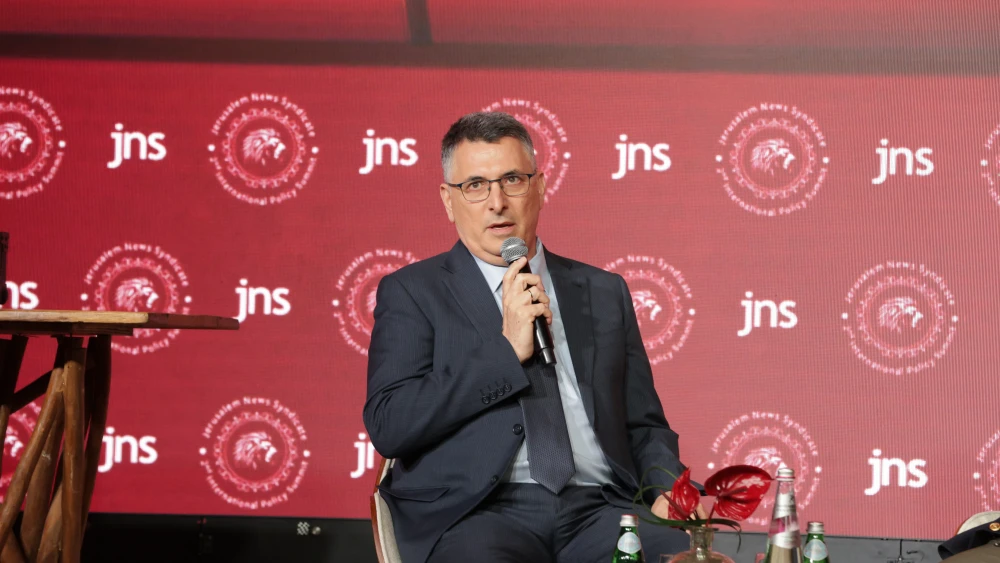 Israeli Foreign Minister Gideon Sa’ar speaks at the JNS 2026 International Policy Summit in Jerusalem, June 23, 2026. Credit: JNS.