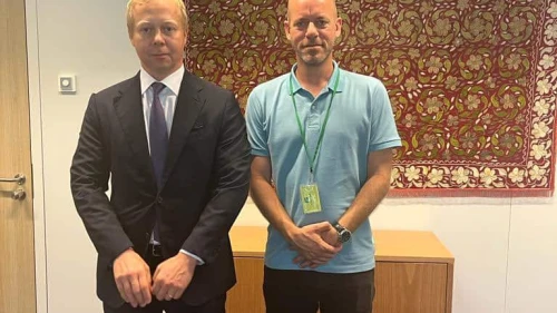 E.U. Special Representative for the Middle East Peace Process Sven Koopmans (left) and French-Palestinian terrorist Salah Hamouri meet in Brussels, Sept. 7, 2023. Photo by Freedom for Salah Hamouri.
