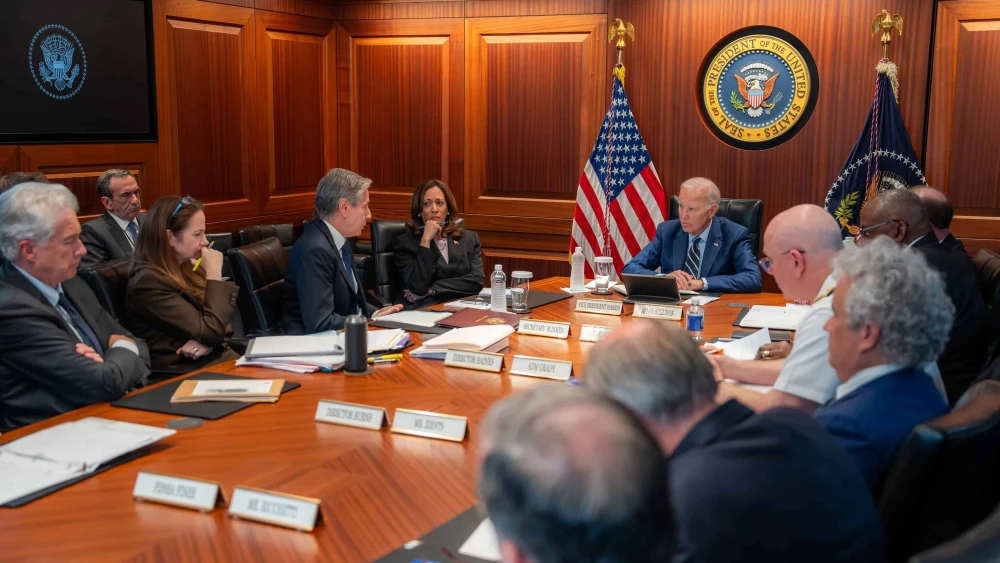 U.S. President Joe Biden and Vice President Kamala Harris are briefed in the White House Situation Room on Aug. 5, 2024. Credit: White House.