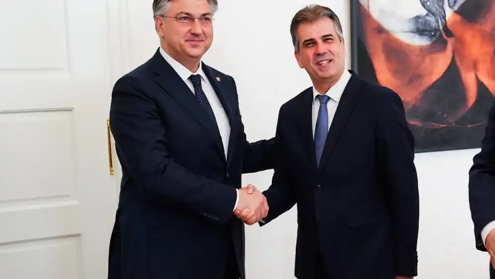 Israeli Foreign Minister Eli Cohen, right, with Croatian Prime Minister Andrej Plenković on May 29, 2023 in Zagreb, Croatia. Source: Eli Cohen via Twitter