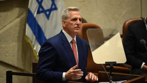 Rep. Kevin McCarthy, speaker of the U.S. House of Representatives, addresses the Knesset in Jerusalem, May 1, 2023. Credit: TPS.