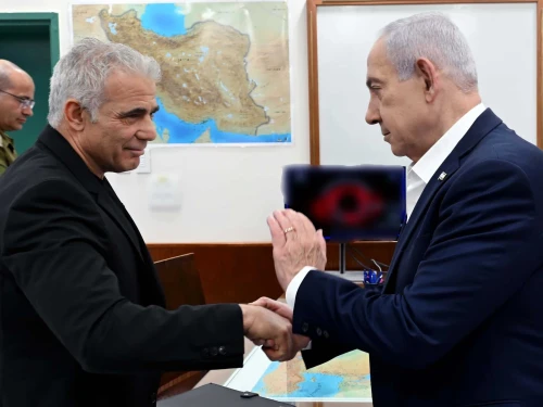 Israeli Prime Minister Benjamin Netanyahu meets opposition leader Yair Lapid (Yesh Atid Party) for a security briefing, June 17, 2025. Photo by Avi Ohayon/GPO.