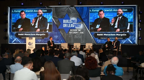 European Jewish Association Chairman Rabbi Menachem Margolin (right) Tal Rabina and Juan Soto speak at a panel discussion on antisemitism in Madrid on May 12, 2025. Photo by Yoav Dudkevitch.