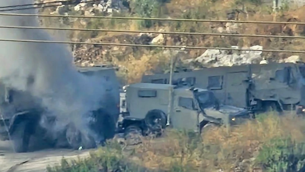 An IDF armored vehicle convoy hit by a roadside bomb in Jenin, June 19, 2023. Source: Twitter