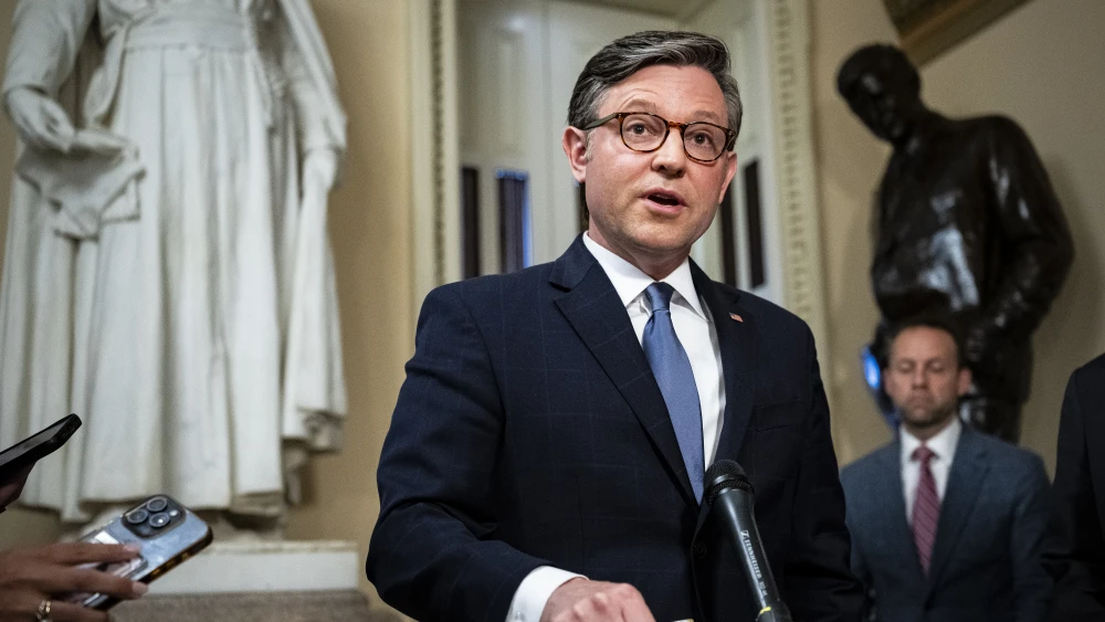 U.S. Speaker of the House Mike Johnson (R-La.) speaks to reporters after passage of a U.S. Department of Homeland Security funding bill at the U.S. Capitol in Washington, D.C., on April 30, 2026. Credit: Graeme Sloan/Getty Images.