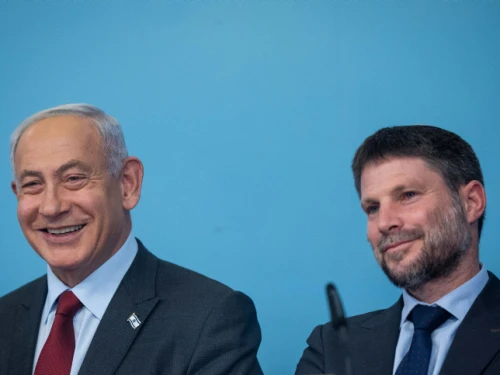Israeli Prime Minister Benjamin Netanyahu and Israeli Finance Minister Bezalel Smotrich attend a press conference, at the Prime Minister's Office in Jerusalem, on Jan. 25, 2023. Photo by Yonatan Sindel/Flash90.