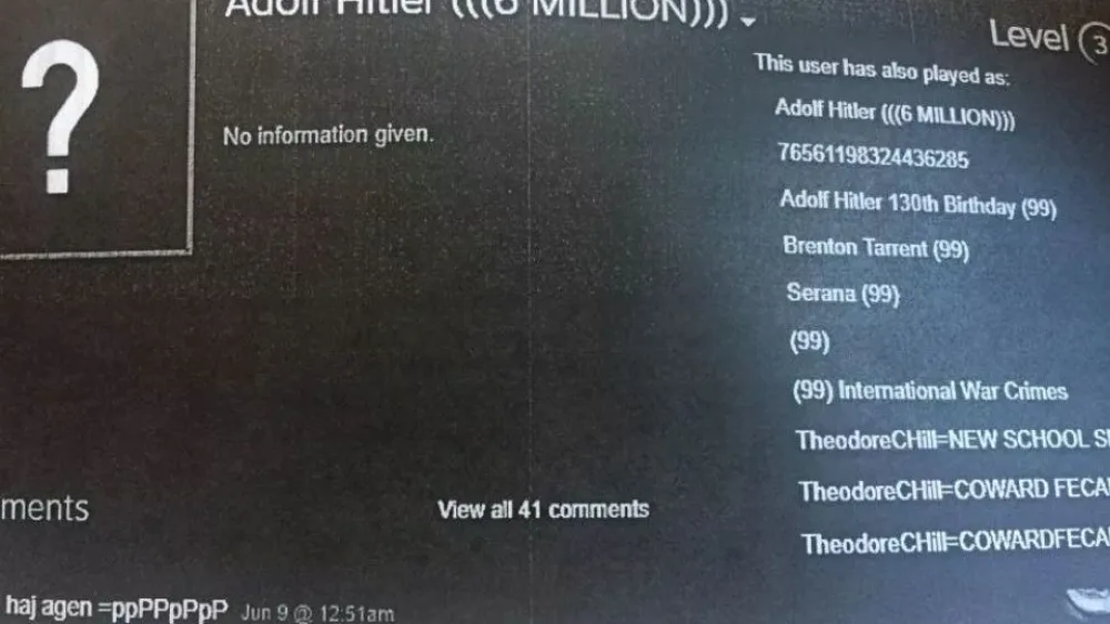 Ross Anthony Farca, 23, who was arrested for posting threats against Jews online, allegedly used “Adolf Hitler” as a screen name on his Steam account. Credit: Screenshot.
