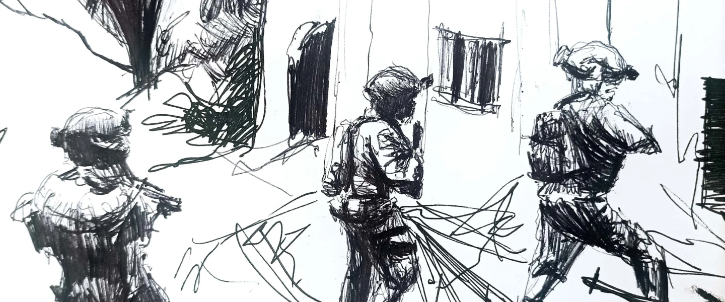 Israeli soldiers entering what may be a booby-trapped house. Sketch by IDF reservist Sam Griffin.