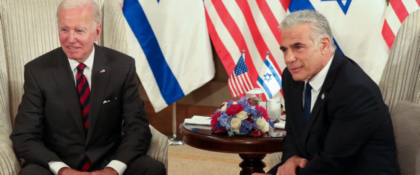 U.S. President Joe Biden meets with Israeli Prime Minister Yair Lapid in Jerusalem on July 14, 2022. Photo by Emil Salman/POOL.