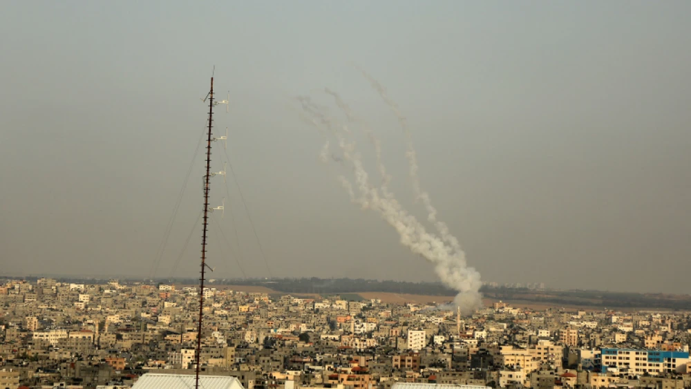 Smoke seen as a rocket is launched from Rafah, in the southern Gaza Strip, towards Israel on May 10, 2021. Photo by Atia Mohammed/Flash90.