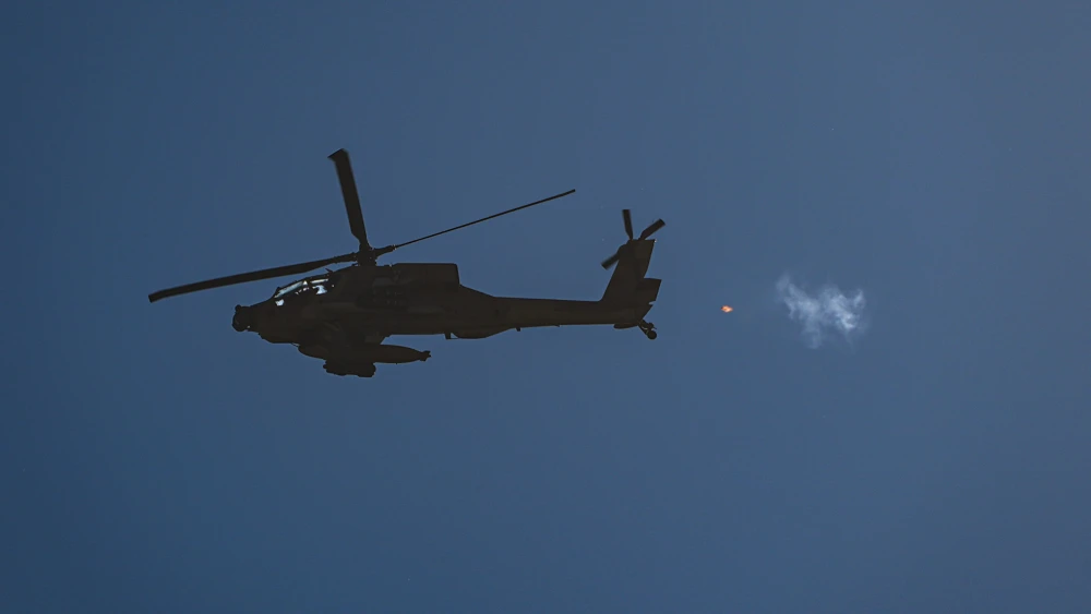 An Israeli military helicopter is seen flying above the Israel-Lebanon border during an Israeli military operation, on June 4, 2026. Photo by Ayal Margolin/Flash90.