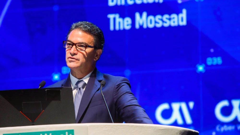 Then-Mossad director Yossi Cohen speaks at a Cyber Week at Tel Aviv University on June 24, 2019. Photo by Flash90.