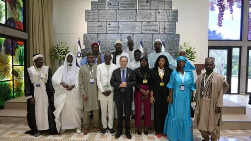 Israeli President Isaac Herzog meets with a delegation of imams and Muslim leaders from across Africa, at the President's Residence in Jerusalem, Dec. 1, 2025. Credit: Israeli President's Office.