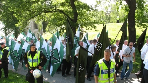 Members of the Swedish Resistance Movement, a neo-Nazi organization, take part in a nationalist demonstration in Stockholm in June 2007. Some experts have questioned the recent Anti-Defamation League survey's finding of a low level of anti-Semitism in Sweden. Credit: Peter Isotalo via Wikimedia Commons.