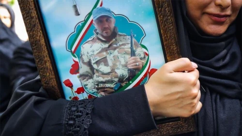 A photograph of Iranian Islamic Revolutionary Guard Corps officer Abu Alfazl Sarabian is displayed at a funeral service in Tehran before Sarabian’s body was returned for burial in his hometown of Kermanshah. Source: Iranian Press.