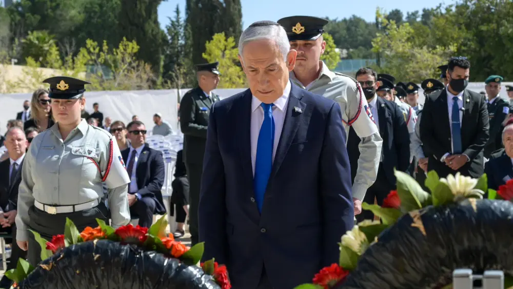 Israeli Prime Minister Benjamin Netanyahu at the Holocaust Martyrs' and Heroes' Remembrance Day (Yom Hashoah) wreath-laying ceremony at the Yad Vashem Holocaust Memorial Museum in Jerusalem, April 14, 2026. Photo by Maayan Toaf/GPO.
