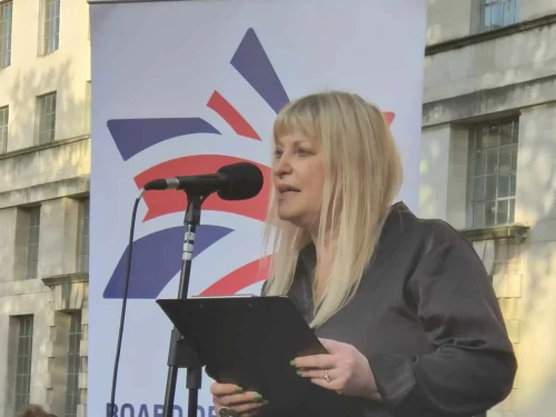 Marie van der Zyl speaks at a rally in London on Oct. 9, 2024. Credit: Courtesy of the Board of Deputies of British Jews.