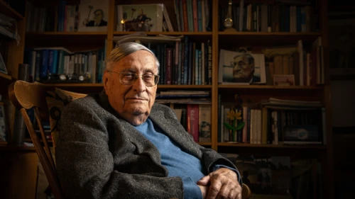 Portrait of former Supreme Court Justice, Jacob Turkel, at his home in Jerusalem, on Jan. 25, 2023. Photo by Olivier Fitoussi/Flash90.