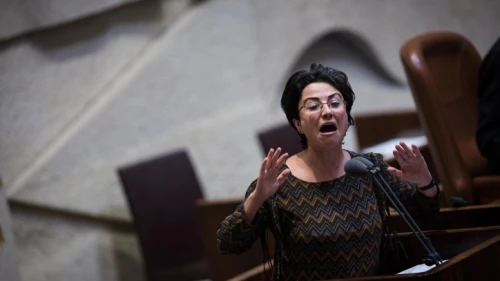 Knesset member Hanin Zoabi speaks during a vote on the so-called “Regulation Bill,” a controversial bill that seeks to legitimize illegal West Bank outposts, in the Israeli parliament, on Dec. 7, 2016. Photo by Hadas Parush/Flash90.