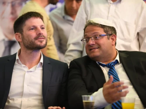 Betzalel Smotrich and Itamar Ben-Gvir attend the Otzma Yehudit Party's campaign event in Bat Yam, on April 06, 2019. Photo by Gili Yaari/Flash90.