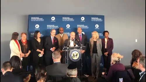 New York Democratic Reps. Max Rose, Jerrold Nadler, Yvette Clarke, Eliot Engel, Hakeem Jeffries, Carolyn Maloney, Nita Lowey, Gregory Meeks, Grace Meng, and Nydia Velázquez address a press conference at the Museum of Jewish Heritage–A Living Memorial to the Holocaust in New York follows a rising trend of both anti-Semitism and terrorist attacks on religious institutions. Credit: Office of Rep. Max Rose (D-N.Y.).