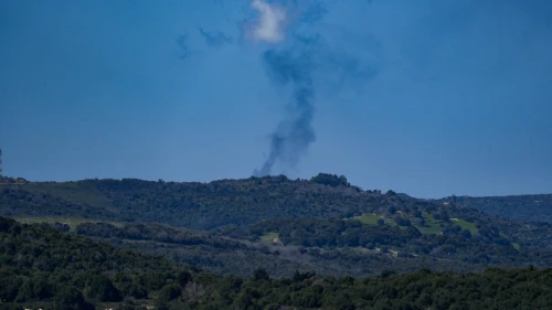 Smoke rises after rockets fired from Lebanon hit a military base near the Israeli border, March 5, 2024. Photo by Ayal Margolin/Flash90.