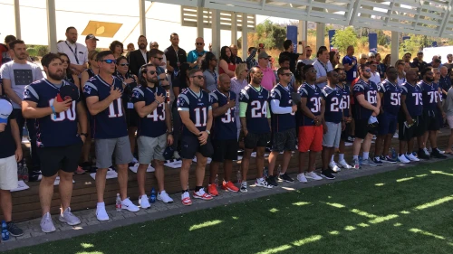 More than a dozen players from the 2019 Super Bowl Champion New England Patriots in Israel as part of the program “Touchdown in Israel III,” the third installment of a VIP trip to Israel for NFL players organized by Patriots chairman and CEO Robert Kraft. Credit: Josh Hasten.