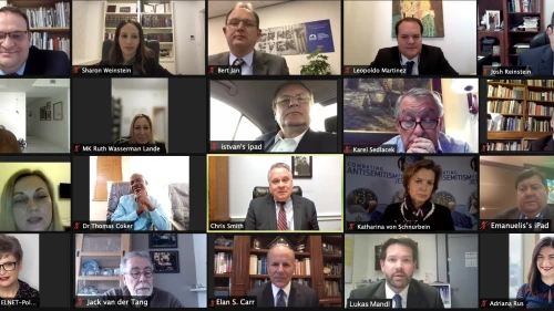 U.S. Congressman Chris Smith (R-N.J.) speaks to Israel Allies Caucus legislators about battling anti-Semitism. Credit: Courtesy Israel Allies Foundation.