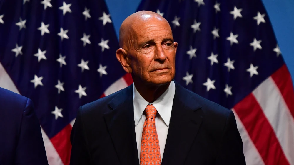 U.S. Ambassador to Turkey Tom Barrack accompanies during a press conference following the annual NATO Summit at the Presidential Complex in Ankara, Turkey, on July 8, 2026. Photo by Altan Gocher/Hans Lucas/AFP via Getty Images.