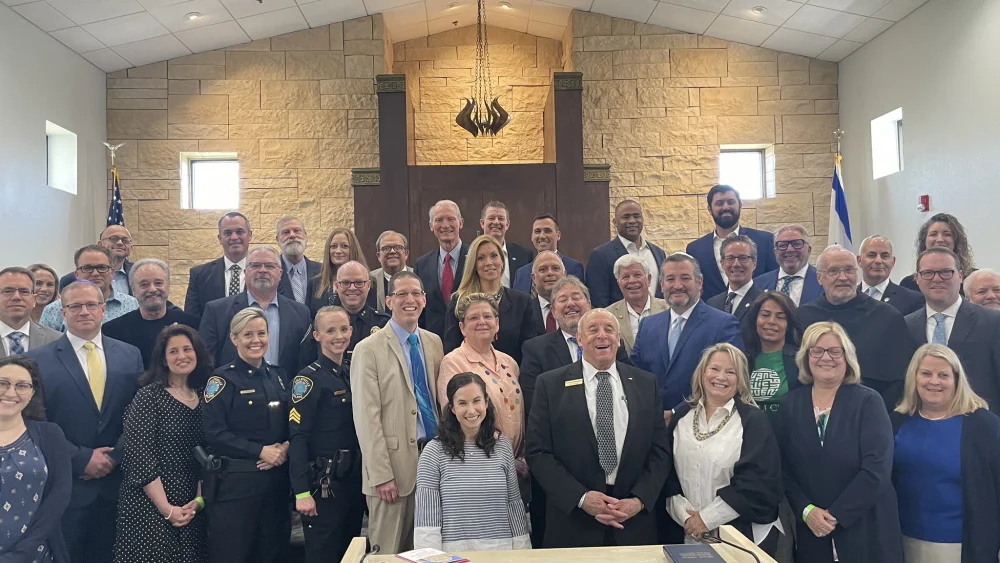 Sen. Ted Cruz (R-Texas) attends the rededication ceremony at Congregation Beth Israel in Colleyville, Texas, on April 10, 2022, four months after a hostage standoff there. Source: Twitter.