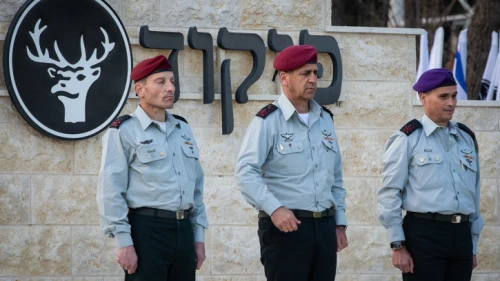 IDF Chief of Staff Aviv Kochavi (center) during a ceremony with incoming commander of the North Front Command, Amir Baram (left), and outgoing commander Yoel Streek, on April 3, 2019. Photo by Basel Awidat/Flash90.