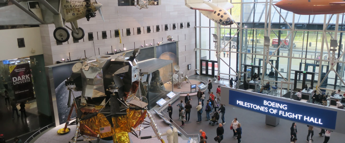The Smithsonian National Air and Space Museum on the National Mall in Washington, D.C., with Charles Lindbergh's “Spirit of St. Louis” in the top left corner. Photo by Menachem Wecker.