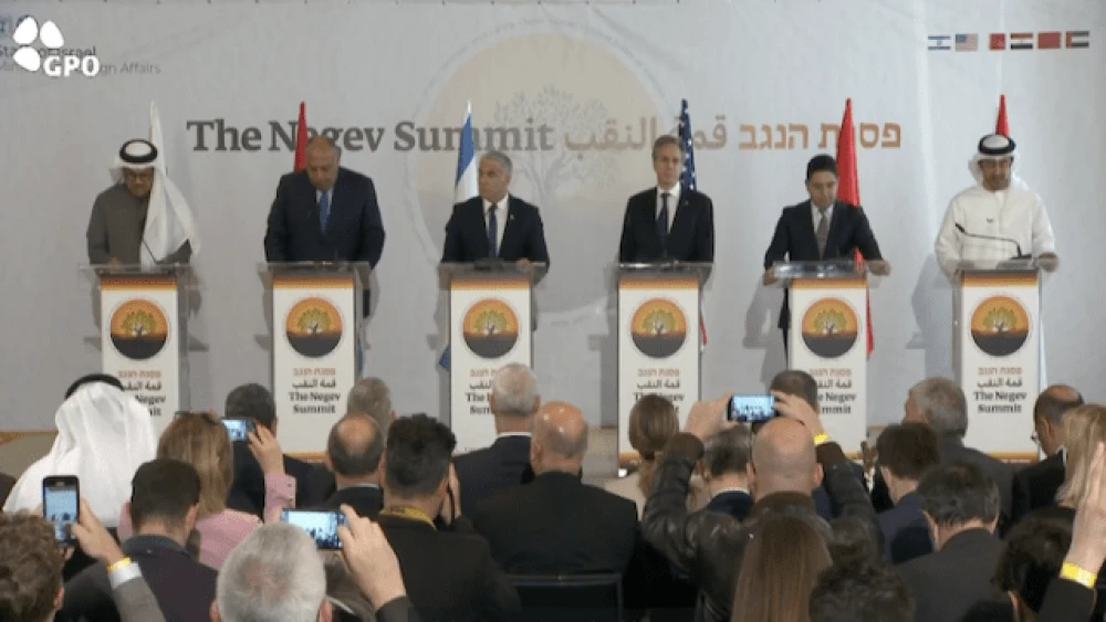 Foreign ministers of Israel, the United States, UAE, Bahrain, Morocco, and Egypt delivered statements to the press. (Screenshot from Yair Lapid’s official Twitter account/GPO)