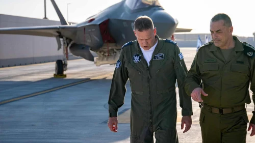Israel Defense Forces Chief of Staff Lt. Gen. Eyal Zamir (right) with Israeli Air Force commander Maj. Gen. Tomer Bar at Nevatim Airbase near Beersheva on March 11, 2025. Credit: IDF.