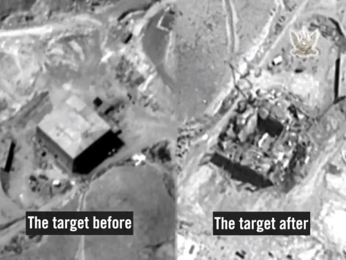 A view of the of the Syrian nuclear reactor in Deir el-Zour province before and after it was hit by the Israeli Air Force on Sept. 7, 2007. Credit: IDF Spokesman Unit screenshot.