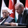 Turkish President Recep Tayyip Erdogan, right, speaks alongside Palestinian Authority President Mahmoud Abbas during a news conference at the presidential palace in Ankara, Turkey, on Aug. 12, 2026. Photo by Adem Altan/AFP via Getty Images.