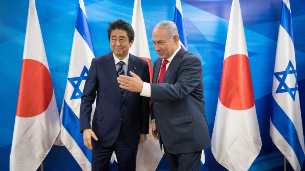Israeli Prime Minister Benjamin Netanyahu and Japanese Prime Minister Shinzo Abe during joint statements at the Prime Minister's Office in Jerusalem, on May 2, 2018. Photo by Yonatan Sindel/Flash90.