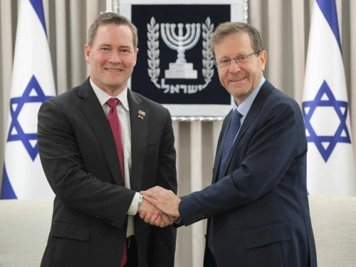 Israeli President Isaac Herzog (R) meets US Ambassador to the United Nations Mike Waltz (L) in Jerusalem on Dec. 10, 2025. Source: @IsraelPresident/X.